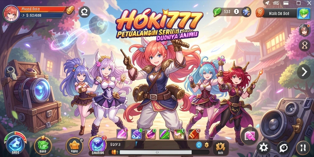 Screenshot utama HOKI777 dengan karakter anime yang menarik dan latar belakang penuh warna.