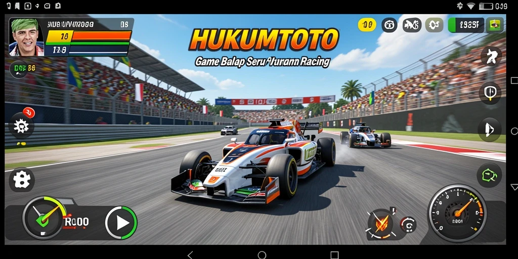 Screenshot gameplay HUKUMTOTO yang menunjukkan aksi balap yang mendebarkan.