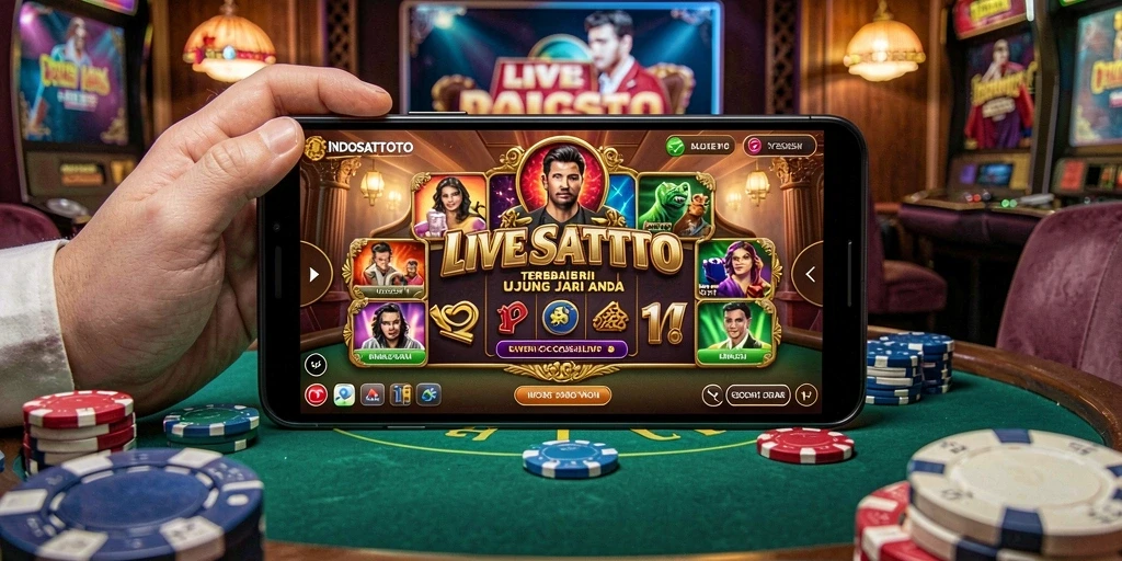 Screenshot gameplay INDOSATTOTO menampilkan dealer langsung dan suasana kasino yang autentik.