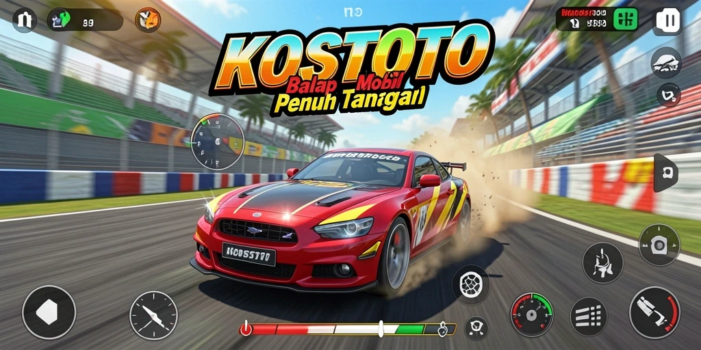 Tampilan gameplay KOSTOTO yang seru dengan mobil balap mendebarkan.