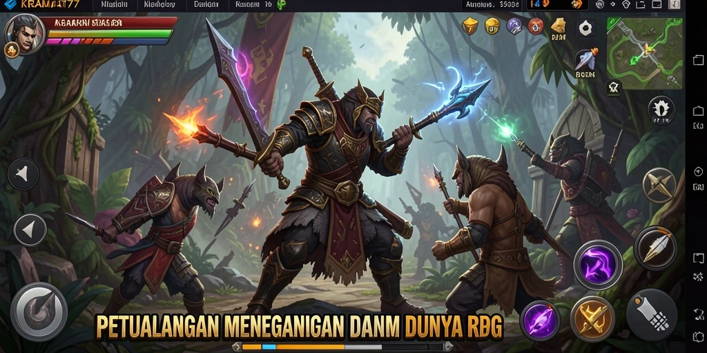 Tampilan gameplay mendebarkan dalam KRAMAT77 dengan berbagai karakter dan misi.