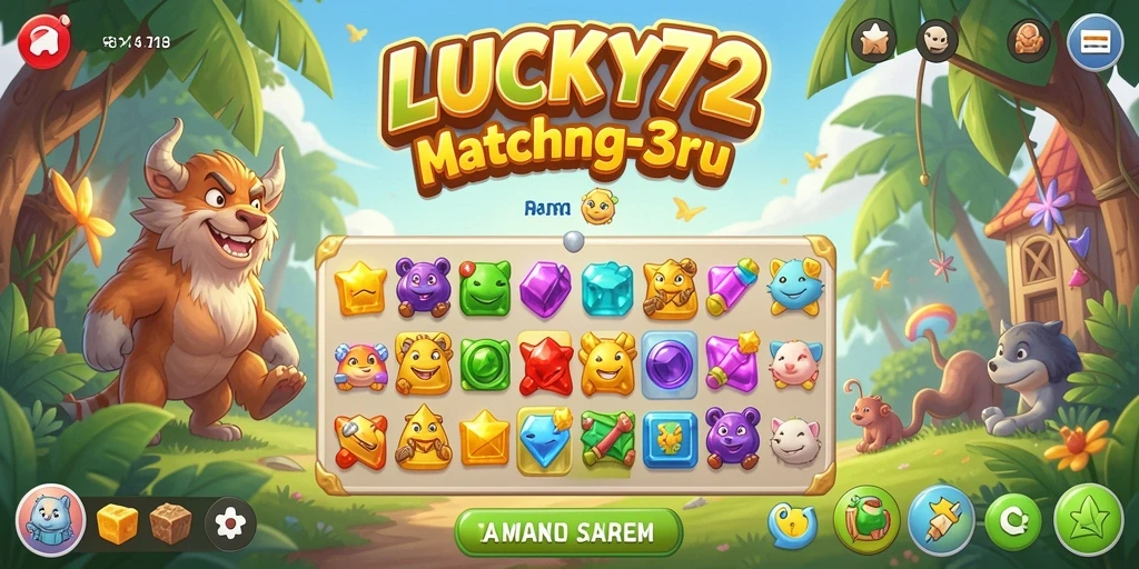 Screenshot gameplay LUCKY72 menampilkan keseruan mencocokkan item Match-3.
