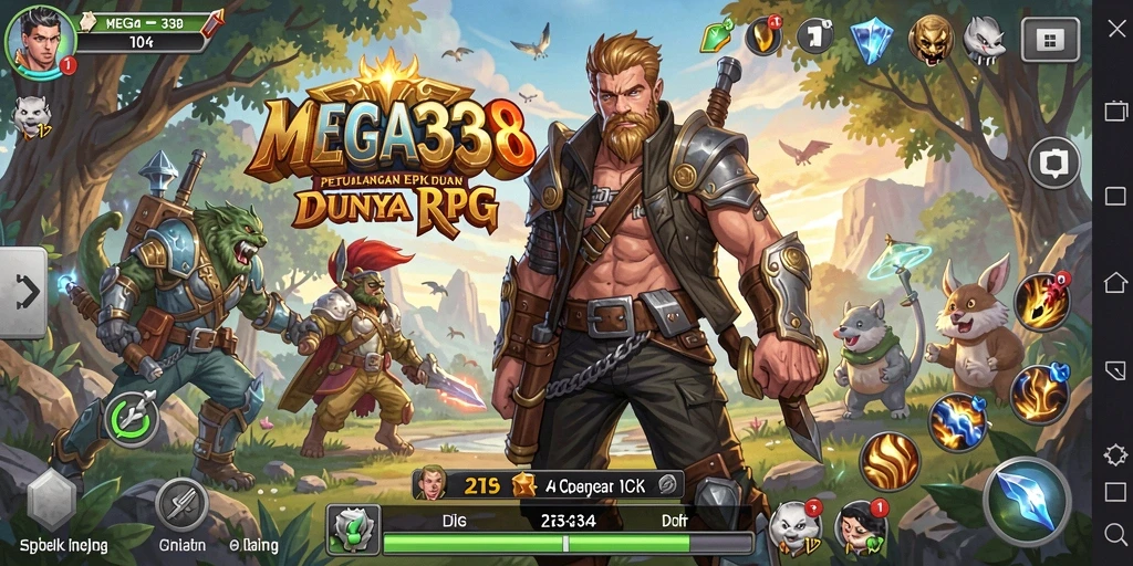 Tampilan awal MEGA338 dengan aksi seru dan karakter heroik.