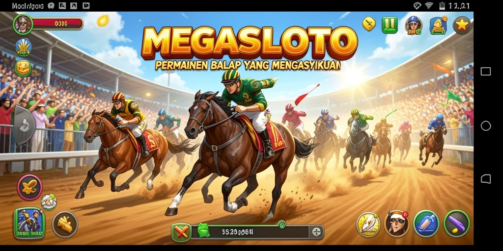 Tangkapan layar gameplay MEGASLOTO yang menampilkan aksi balap yang mendebarkan.