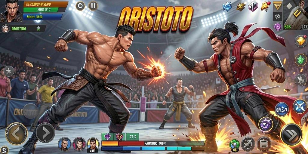Tampilan gameplay pertarungan seru ORISTOTO dengan karakter yang beragam.