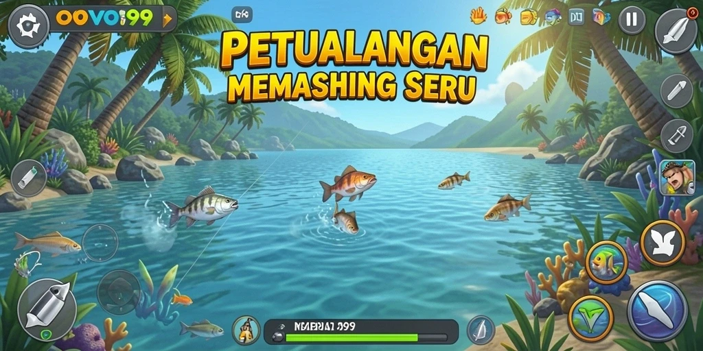 Tampilan gameplay OVO99 dengan suasana memancing yang menenangkan.