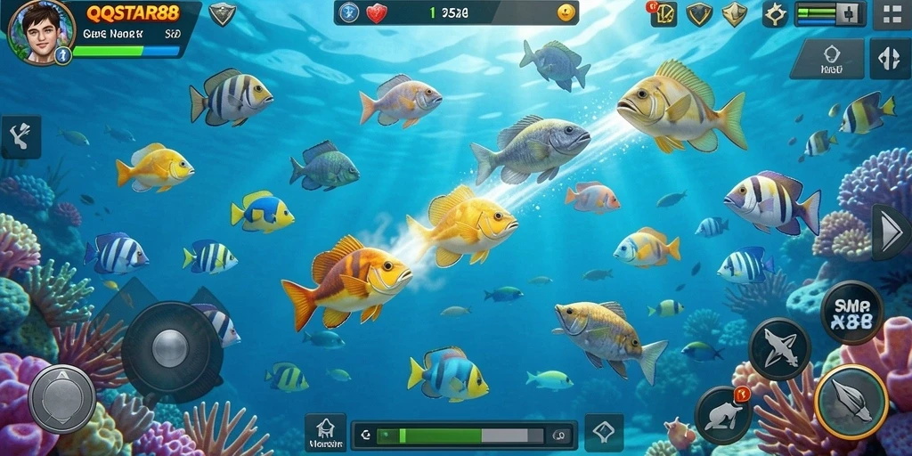 Screenshot gameplay QQSTAR88 menampilkan aksi menembak ikan yang seru.
