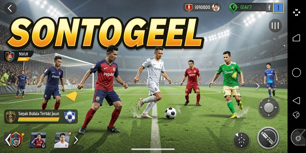 Screenshot gameplay menunjukkan aksi seru di lapangan sepak bola.