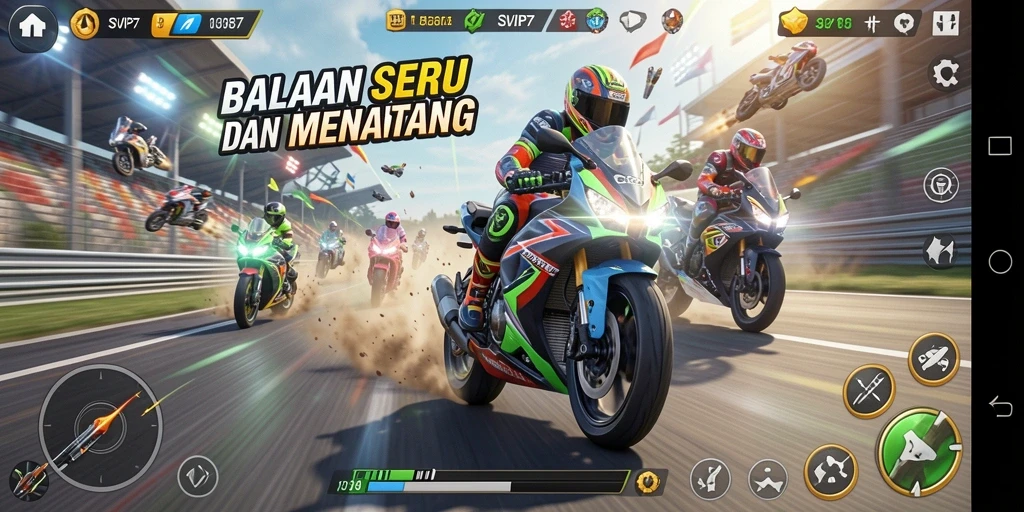 Tampilan gameplay SVIP7 yang mendebarkan saat balapan motor.