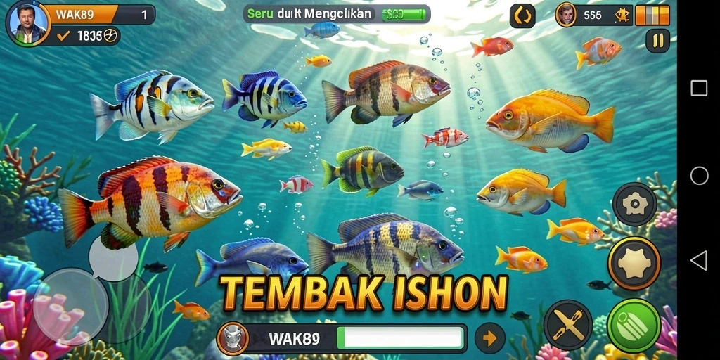 Tampilan gameplay seru WAK89 saat menangkap ikan dengan berbagai senjata.
